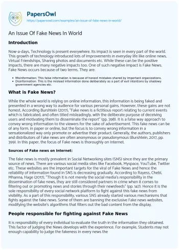 Essay on An Issue of Fake News in World