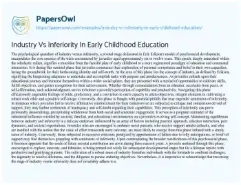 Essay on Industry Vs Inferiority in Early Childhood Education