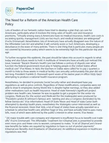 Essay on The Need for a Reform of the American Health Care Policy