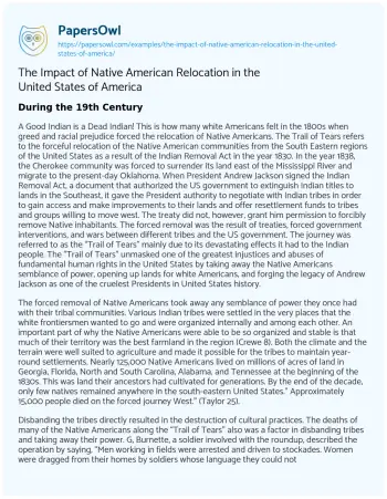 Essay on The Impact of Native American Relocation in the United States of America