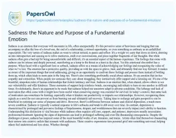 Essay on Sadness: the Nature and Purpose of a Fundamental Emotion