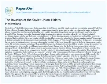 Essay on The Invasion of the Soviet Union: Hitler’s Motivations