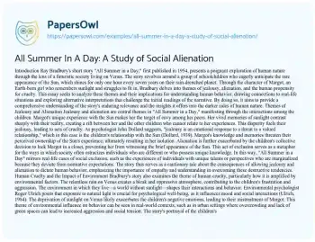 Essay on All Summer in a Day: a Study of Social Alienation