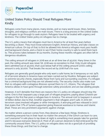 Essay on United States Policy should Treat Refugees more Kindly