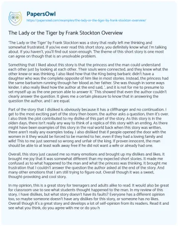 Essay on The Lady or the Tiger by Frank Stockton Overview