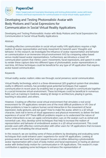 Essay on Developing and Testing Photorealistic Avatar with Body Motions and Facial Expressions for Communication in Social Virtual Reality Applications