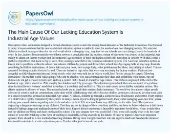 Essay on The Main Cause of our Lacking Education System is Industrial Age Values