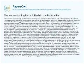 Essay on The Know-Nothing Party: a Flash in the Political Pan