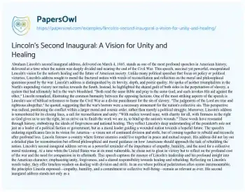 Essay on Lincoln’s Second Inaugural: a Vision for Unity and Healing