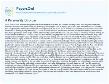 Essay on A Personality Disorder