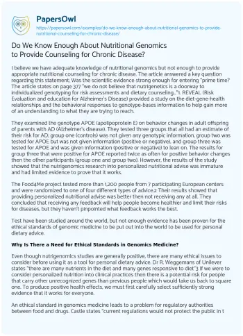 Essay on Do we Know Enough about Nutritional Genomics to Provide Counseling for Chronic Disease?