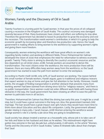 Essay on Women, Family and the Discovery of Oil in Saudi Arabia