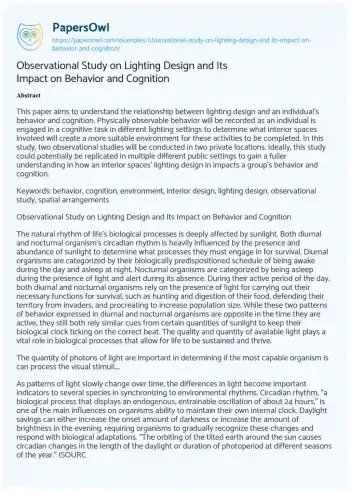 Essay on Observational Study on Lighting Design and its Impact on Behavior and Cognition