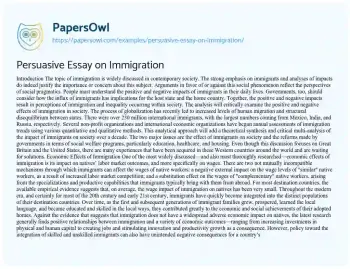 Essay on Persuasive Essay on Immigration