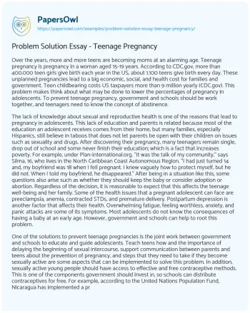 Essay on Problem Solution Essay – Teenage Pregnancy