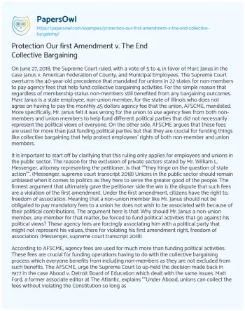 Essay on Protection our First Amendment V. the End Collective Bargaining