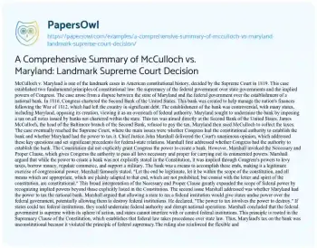 Essay on A Comprehensive Summary of McCulloch Vs. Maryland: Landmark Supreme Court Decision