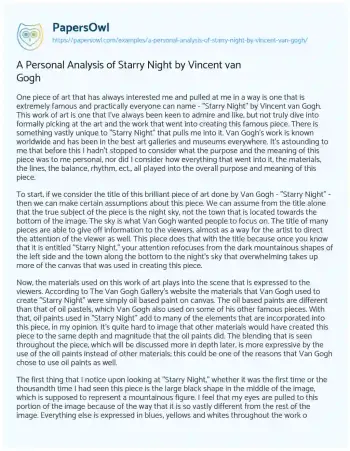 Essay on A Personal Analysis of Starry Night by Vincent Van Gogh