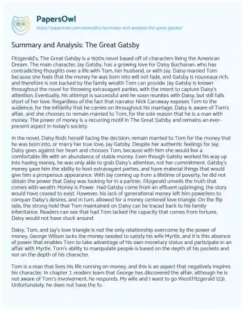 Essay on Summary and Analysis: the Great Gatsby