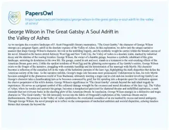 Essay on George Wilson in the Great Gatsby: a Soul Adrift in the Valley of Ashes