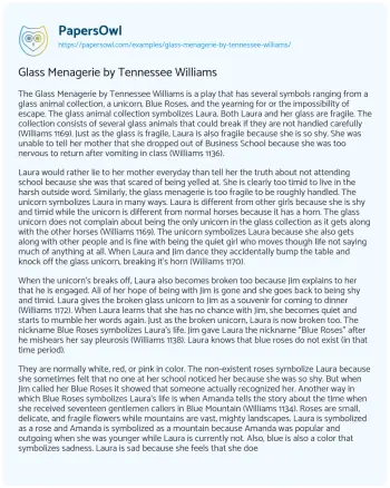 Essay on Glass Menagerie by Tennessee Williams