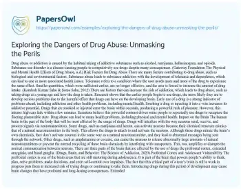 Essay on Exploring the Dangers of Drug Abuse: Unmasking the Perils