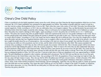 Essay on The Impact of China’s One-Child Policy