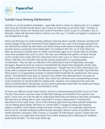 Essay on Suicide Issue Among Adolescence