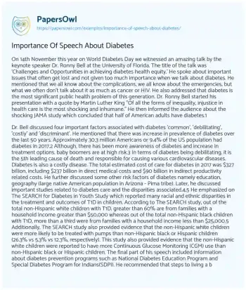 Essay on Importance of Speech about Diabetes