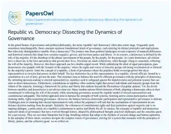 Essay on Republic Vs. Democracy: Dissecting the Dynamics of Governance