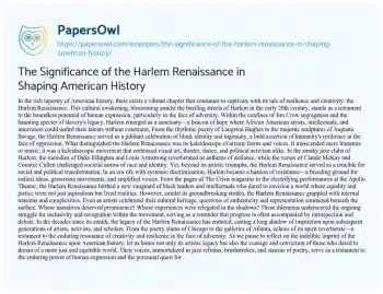 Essay on The Significance of the Harlem Renaissance in Shaping American History