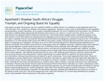 Essay on Apartheid’s Shadow: South Africa’s Struggle, Triumph, and Ongoing Quest for Equality