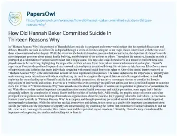 Essay on How did Hannah Baker Committed Suicide in Thirteen Reasons why