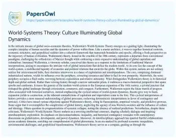 Essay on World-Systems Theory: Culture Illuminating Global Dynamics