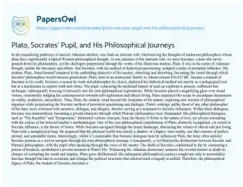 Essay on Plato, Socrates’ Pupil, and his Philosophical Journeys