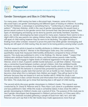 Essay on Gender Stereotypes and Bias in Child Rearing