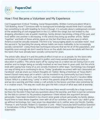 Essay on How i First Became a Volunteer and my Experience