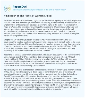 Essay on Vindication of the Rights of Women Critical