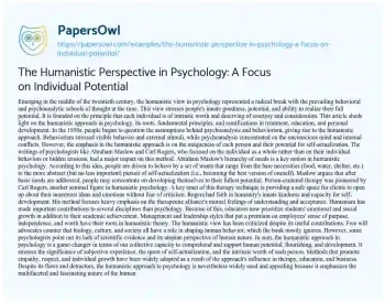 Essay on The Humanistic Perspective in Psychology: a Focus on Individual Potential