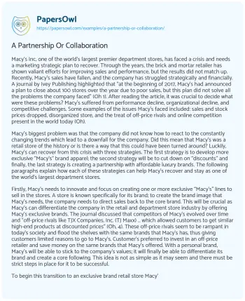 Essay on A Partnership or Collaboration