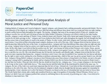 Essay on Antigone and Creon: a Comparative Analysis of Moral Justice and Personal Duty