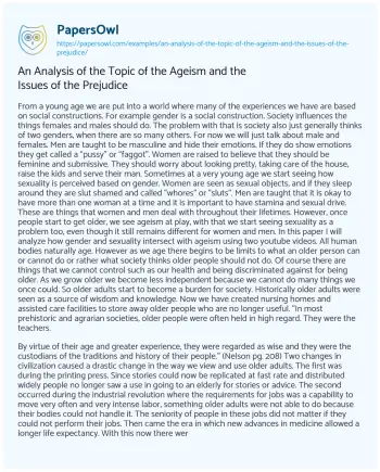 Essay on An Analysis of the Topic of the Ageism and the Issues of the Prejudice