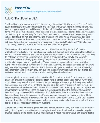 Essay on Role of Fast Food in USA