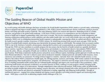 Essay on The Guiding Beacon of Global Health: Mission and Objectives of who