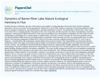 Essay on Dynamics of Barren River Lake: Nature Ecological Harmony in Flux