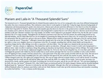 Essay on Mariam and Laila in “A Thousand Splendid Suns”