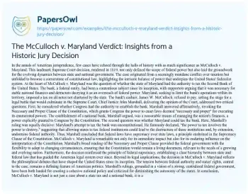 Essay on The McCulloch V. Maryland Verdict: Insights from a Historic Jury Decision