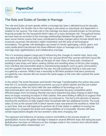 Essay on The Role and Duties of Gender in Marriage