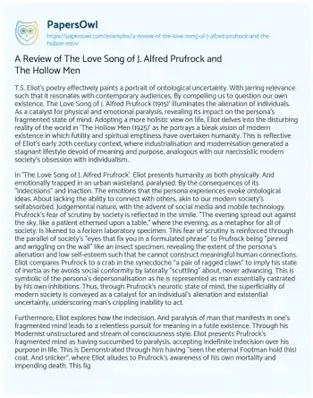 Essay on A Review of the Love Song of J. Alfred Prufrock and the Hollow Men