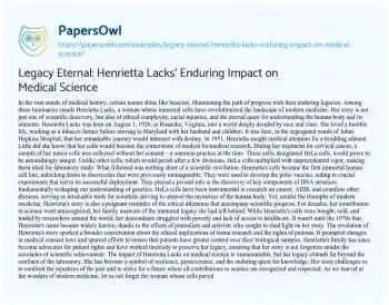 Essay on Legacy Eternal: Henrietta Lacks’ Enduring Impact on Medical Science